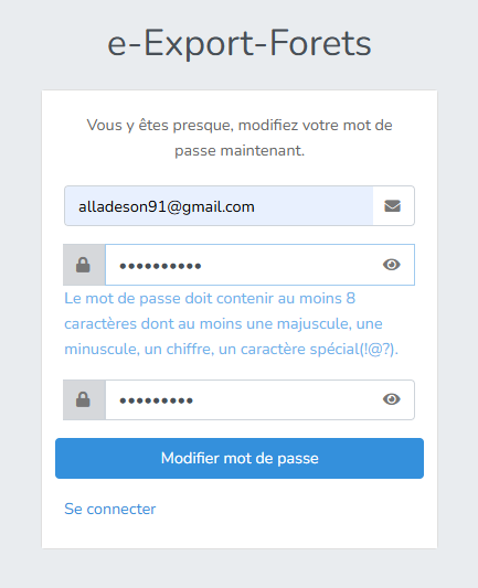 Page de définition de nouveau de mot de passe